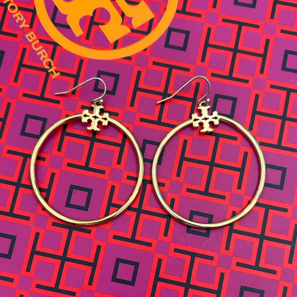 Tory Burch Gold Logo Hoop Earrings